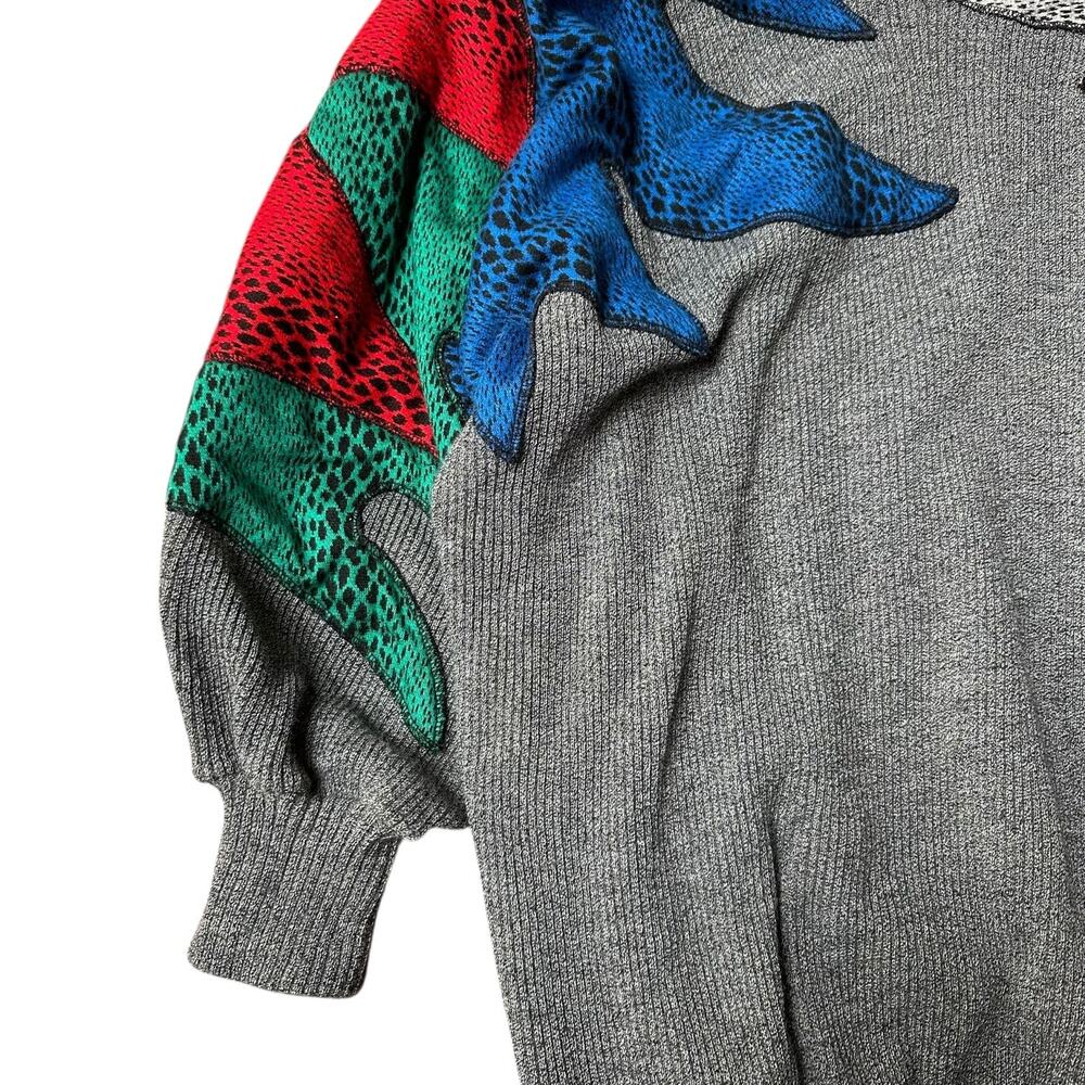 Vintage Mermini Patchwork Appliqué Split Collar Sweater One Size (S-XL), Gray - Picture 9 of 13